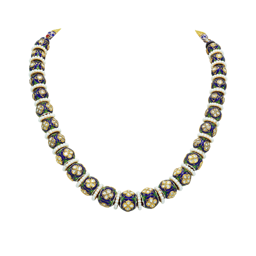 Gold Beads Necklace with Blue-Green Meenakari, Polki, and Pearls